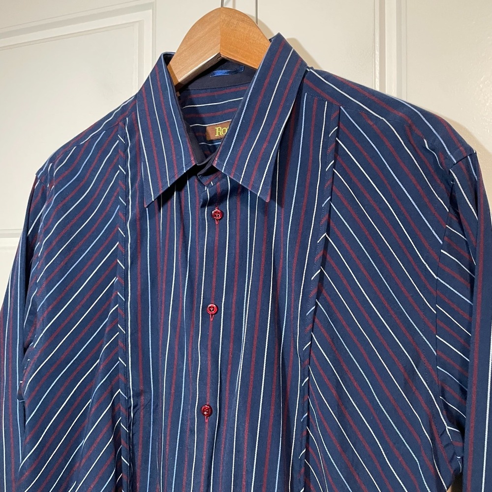 Roar Button Down Shirt Mens XL‎ Navy Blue Burgundy Striped Long Sleeve Excellent - Picture 6 of 11
